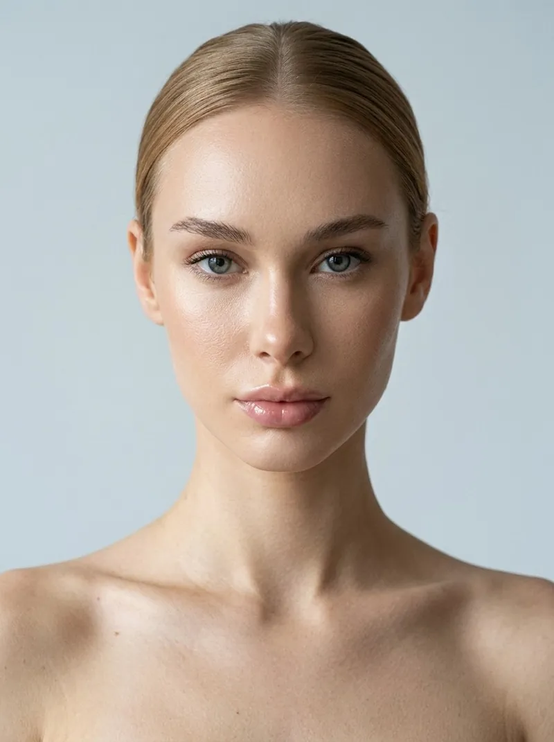 Beauty close-up of model Anastasia Stepanenko with sleek hair and luminous skin