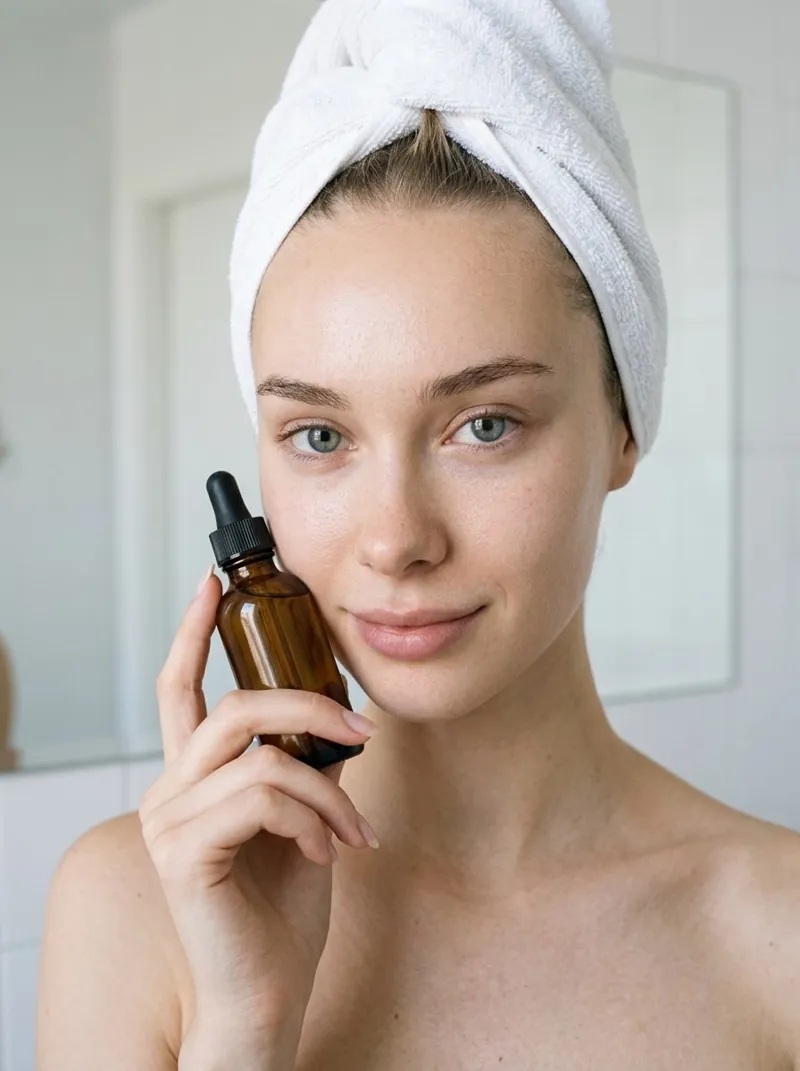 Skincare beauty shot of Anastasia Stepanenko holding an amber dropper bottle