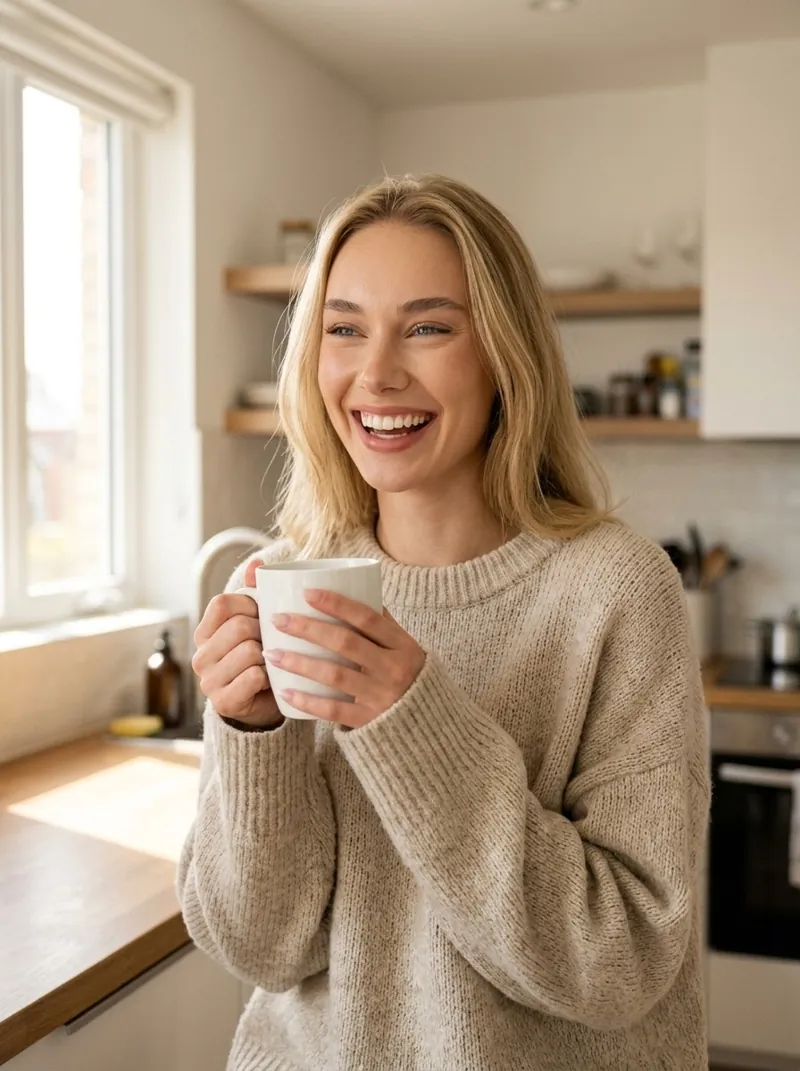 Commercial model Anastasia Stepanenko laughing with a coffee mug in a bright kitchen