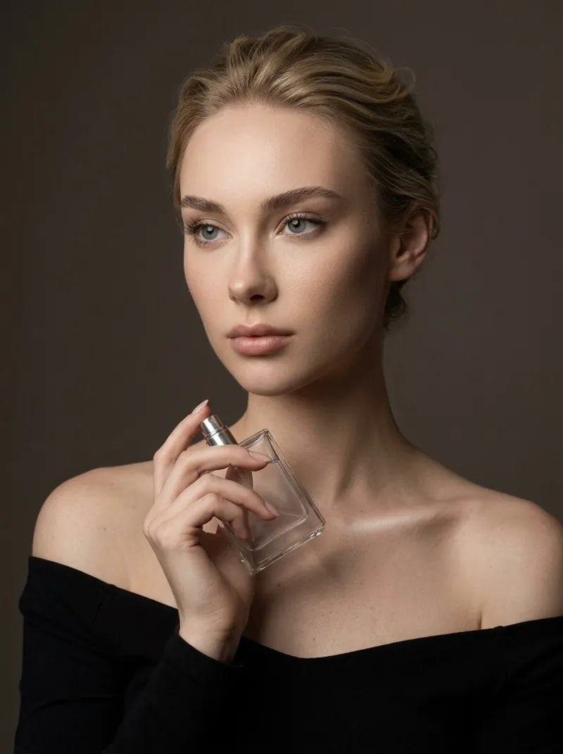 Fragrance campaign shot of Anastasia Stepanenko holding a glass perfume bottle