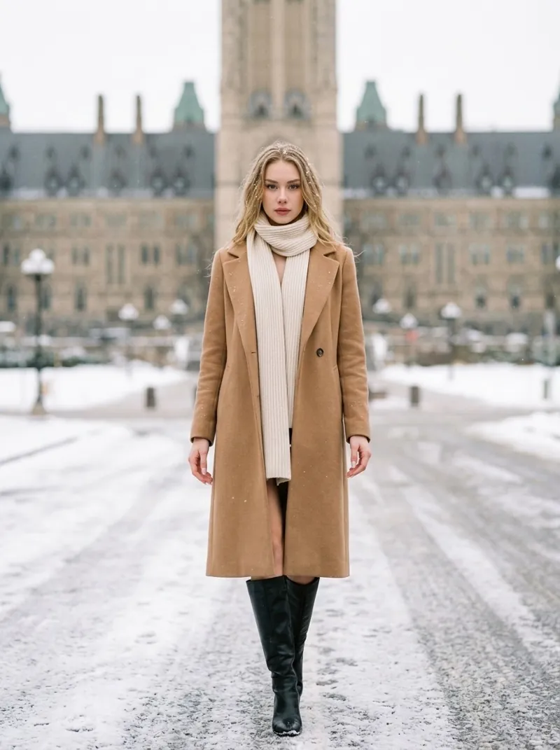 Anastasia Stepanenko walking on a snowy Ottawa street in a camel wool coat