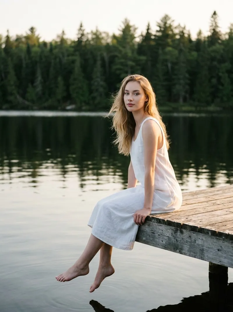 Anastasia Stepanenko in a white linen dress on a lake dock at golden hour